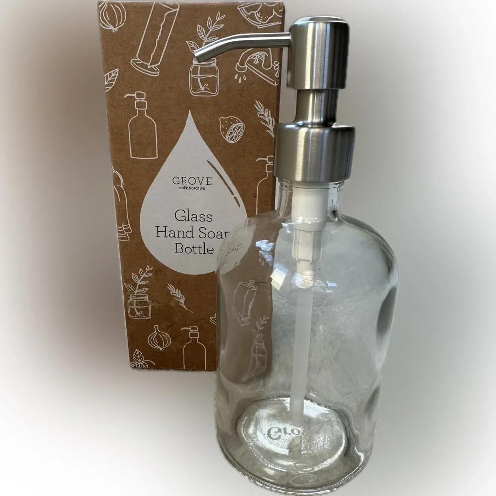 CLEAR GLASS SOAP DISPENSER WITH BRUSHED SILVER PUMP GROVE REUSABLE HAND DISH b